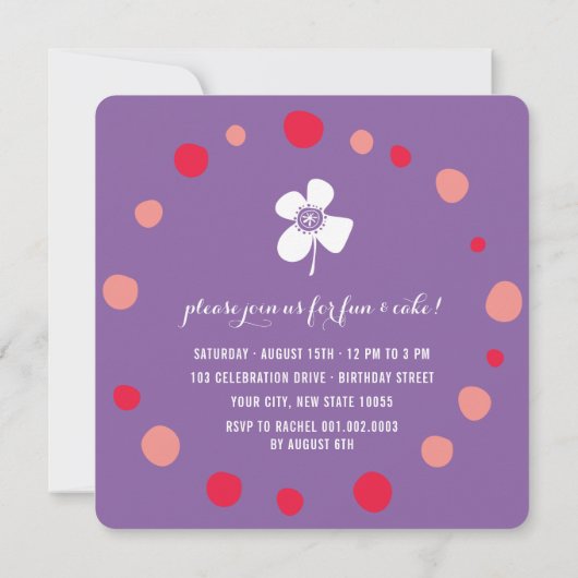 Invitation Purple Daisy Pop Carré fille Anniversaire Photo In (Dos)
