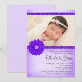 Invitation Purple Daisy Sparkle Photo Baptism Christening (Devant / Derrière)