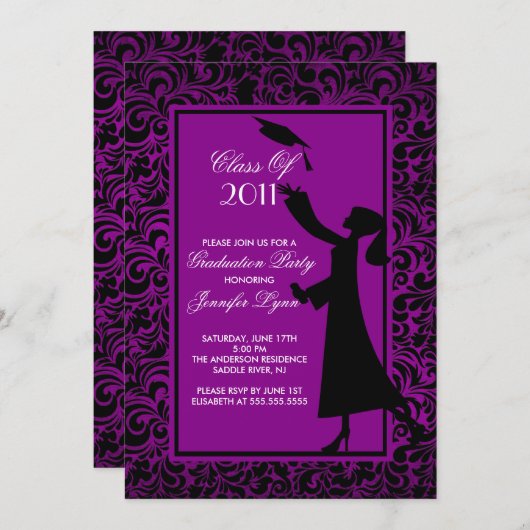 Invitation Purple Damask Diplômé (Devant / Derrière)