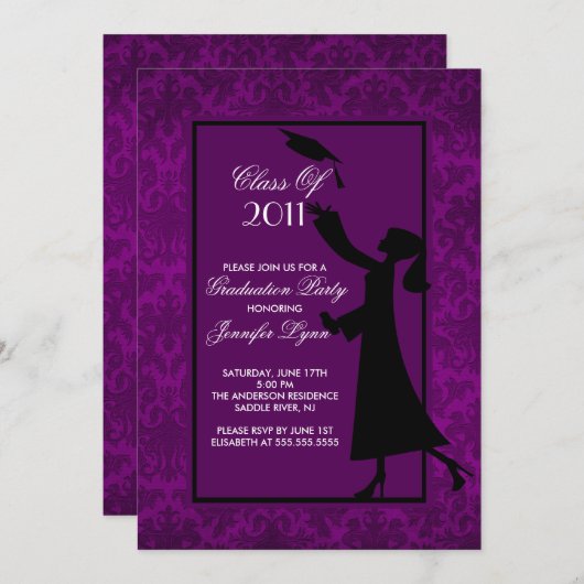 Invitation Purple Damask Diplômé (Devant / Derrière)