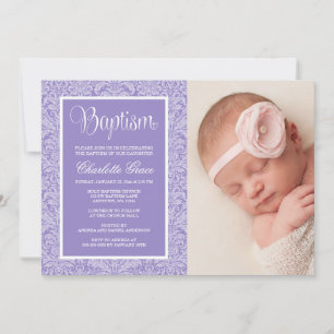 Invitation Purple Damask Girl Photo Baptême Christening