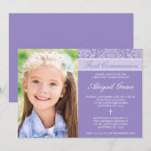 Invitation Purple Damask Girl Photo Première Communion (Devant / Derrière)