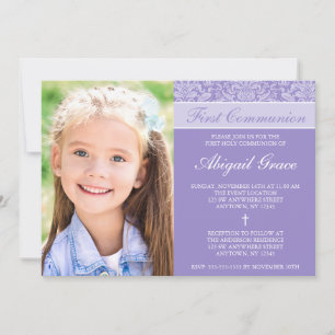 Invitation Purple Damask Girl Photo Première Communion