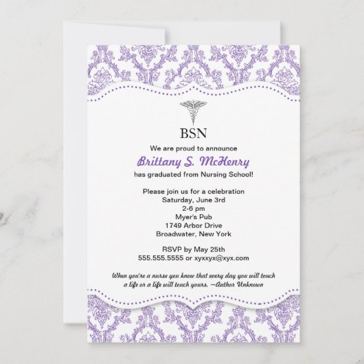 Invitation Purple Damask Infirmière graduation pinning invita (Devant)