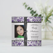 Invitation Purple Damask Photo Sweet 16 Party (Debout devant)