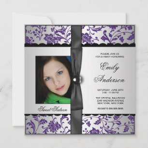 Invitation Purple Damask Photo Sweet 16 Party
