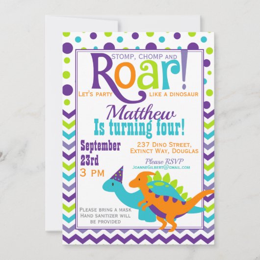 Invitation Purple Dinosaur Roar fête d'anniversaire (Devant)