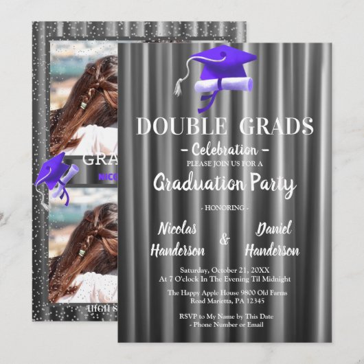 Invitation Purple double Celebration Graduation Party 2 photo (Devant / Derrière)