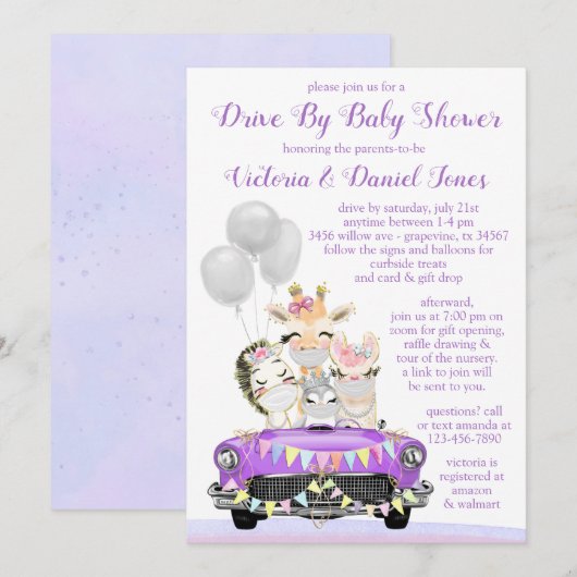 Invitation Purple Drive Par Baby shower animaux mignons en vo (Devant / Derrière)