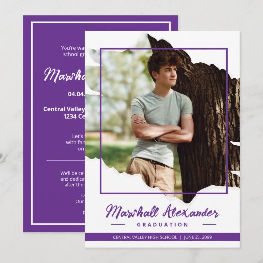 Invitation Purple Edgy Abstrait Torn Photo Graduation (Devant / Derrière)