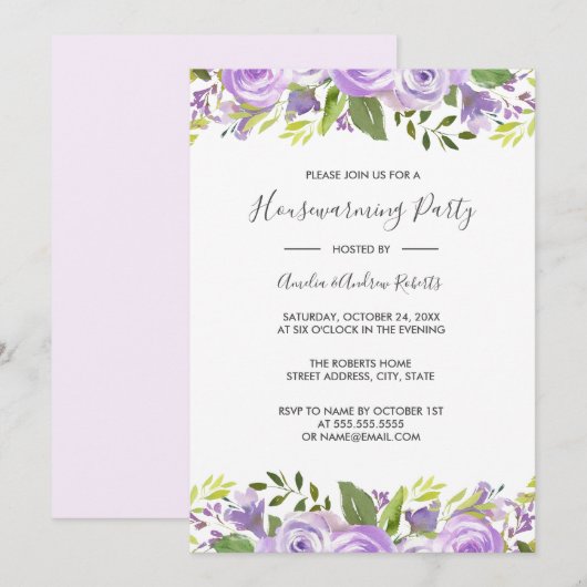 Invitation Purple Elegant Aquarelle Florale Ménage (Devant / Derrière)