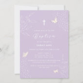 Invitation Purple Elegant Feuille Papillon Croix Baptême (Devant)