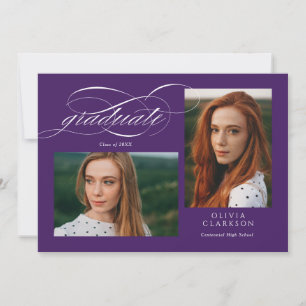 Invitation Purple Elegant Script 3 Photo Graduation Party