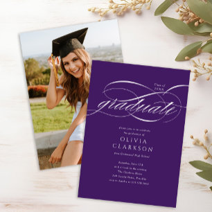 Invitation Purple Elegant Script Photo Graduation Party