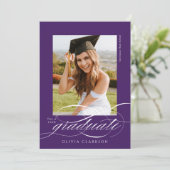 Invitation Purple Elegant Script Photo Graduation Party (Debout devant)