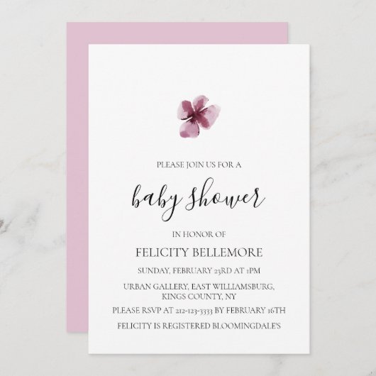 Invitation Purple Elegant Simple Fille Baby shower (Devant / Derrière)