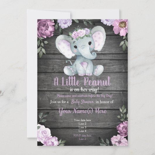 Invitation Purple Elephant Baby shower invitation, rustique (Devant)