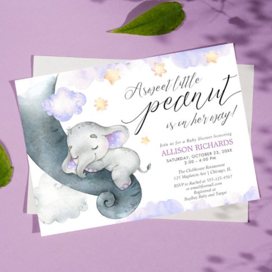 Invitation Purple Elephant doux petit baby shower d'arachide