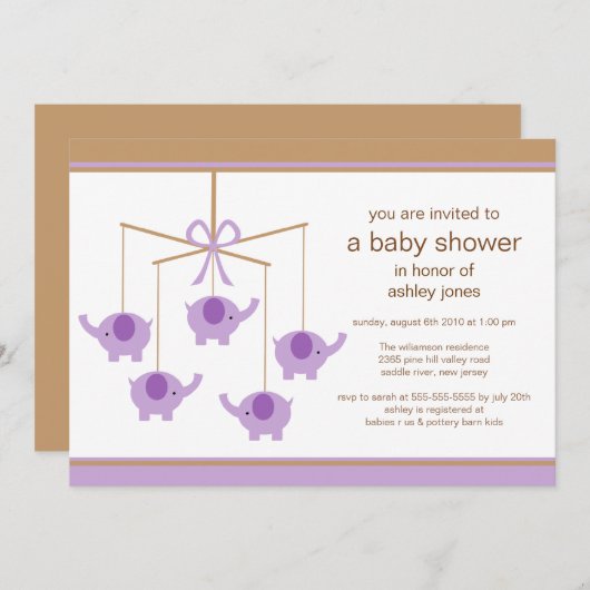 Invitation Purple Elephant Mobile Baby Shower Invite (Devant / Derrière)