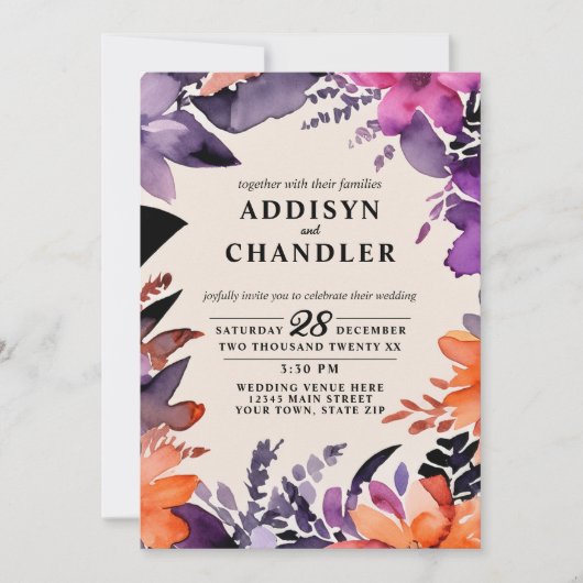 Invitation Purple enchanté + Mariage d'Halloween floral orang (Devant)