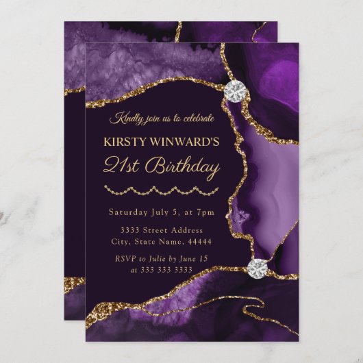 Invitation Purple et Gold Faux Parties scintillant Agate Anni (Devant / Derrière)