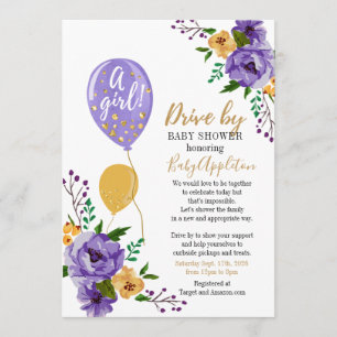 Invitation Purple et Gold Floral Drive Par Baby shower