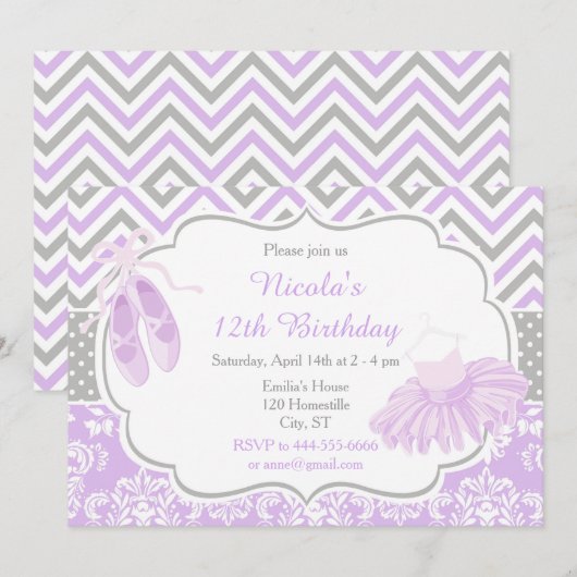 Invitation Purple et Grey Chevron Ballerina Anniversaire (Devant / Derrière)