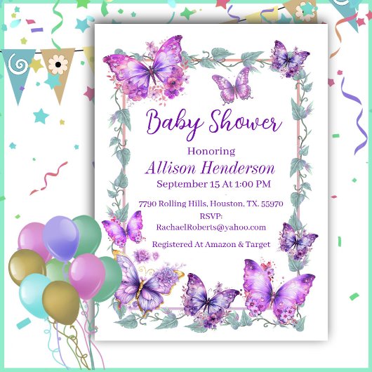 Invitation Purple Et Lavender Butterfies Baby shower