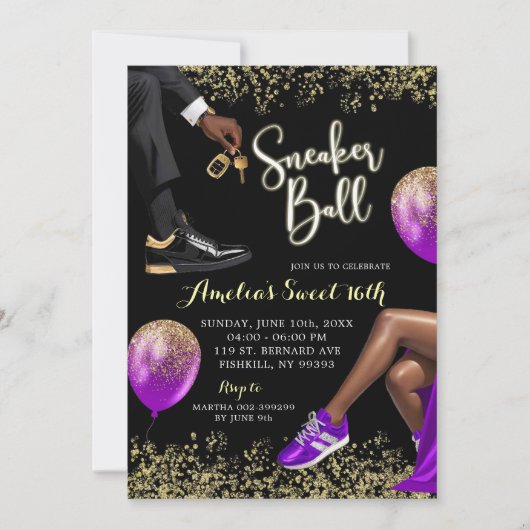 Invitation Purple et or Basket balle doux 16 Anniversaire (Devant)