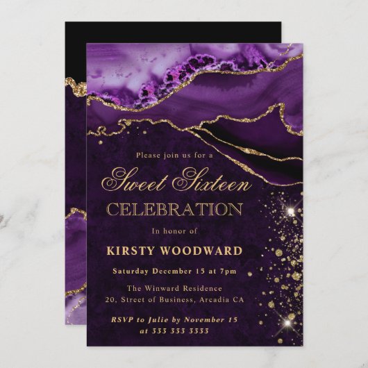Invitation Purple et or Parties scintillant Agate Sweet 16 (Devant / Derrière)