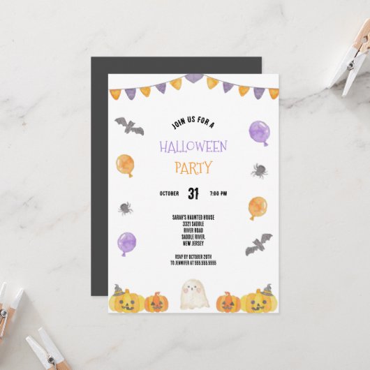 INVITATION PURPLE ET ORANGE WATERCOLOR HALLOWEEN PARTY (Devant/Arrière en situation)