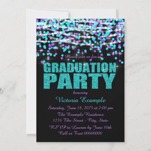 Invitation Purple et Turquoise Blue Confetti Graduation Party (Devant)