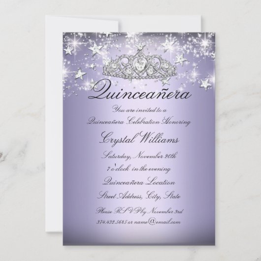 Invitation Purple Étincelle Tiara & Étoiles Quinceanera Invit (Devant)