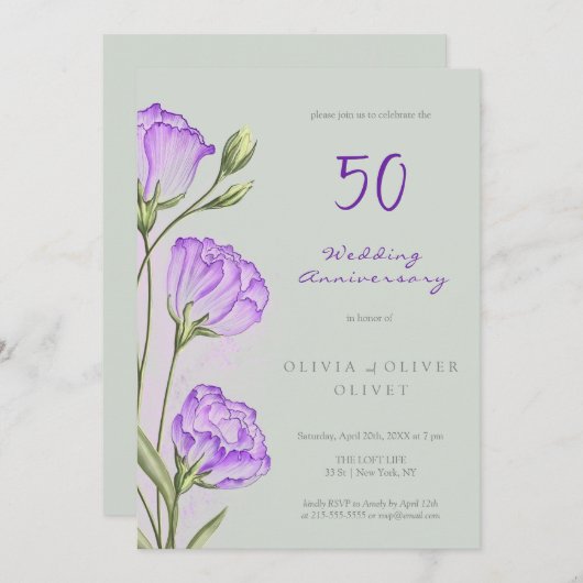 Invitation Purple Eustomas Mariage Anniversaire 50 ans (Devant / Derrière)