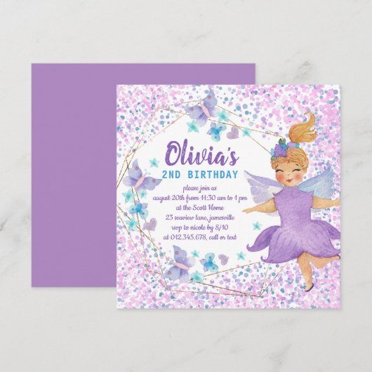 Invitation Purple Fairy Papillon Coeur Confetti Anniversaire (Devant / Derrière)