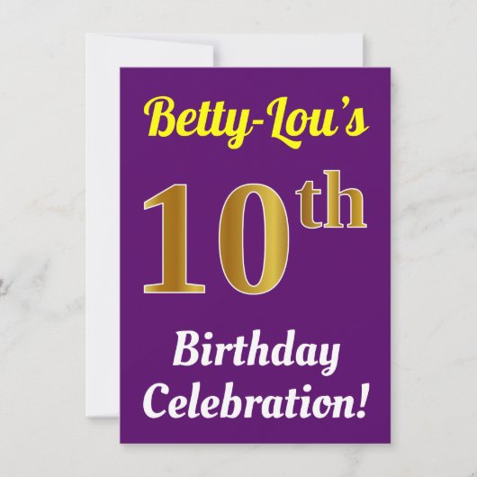 Invitation Purple, Faux Gold 10e anniversaire Célébration + N (Devant)