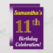 Invitation Purple, Faux Gold 11e anniversaire Célébration + N (Devant / Derrière)