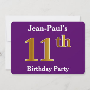Invitation Purple, Faux Gold 11th Birthday Party; Nom personn