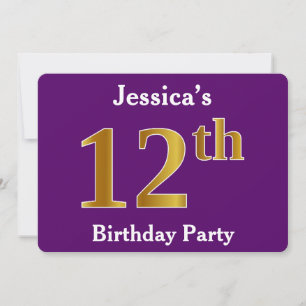 Invitation Purple, Faux Gold 12e fête d'anniversaire; Nom per