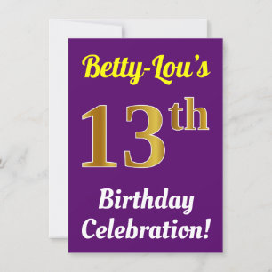 Invitation Purple, Faux Gold 13e anniversaire Célébration + N