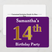 Invitation Purple, Faux Gold 14e fête d'anniversaire; Nom per (Devant / Derrière)