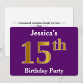 Invitation Purple, Faux Gold 15e fête d'anniversaire; Nom per (Devant / Derrière)