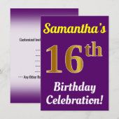 Invitation Purple, Faux Gold 16e anniversaire Célébration + N (Devant / Derrière)