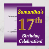 Invitation Purple, Faux Gold 17e anniversaire Célébration + N (Devant / Derrière)
