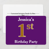 Invitation Purple, Faux Gold 1er Anniversaire Fête + Nom pers (Devant / Derrière)