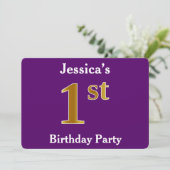 Invitation Purple, Faux Gold 1er Anniversaire Fête + Nom pers (Debout devant)