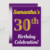 Invitation Purple, Faux Gold 30th Birthday Celebration + Nom (Devant / Derrière)