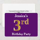 Invitation Purple, Faux Gold 3ème fête d'anniversaire + Nom p (Devant / Derrière)