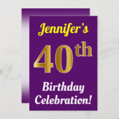 Invitation Purple, Faux Gold 40th Birthday Celebration + Nom (Devant / Derrière)