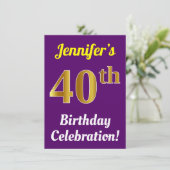 Invitation Purple, Faux Gold 40th Birthday Celebration + Nom (Debout devant)